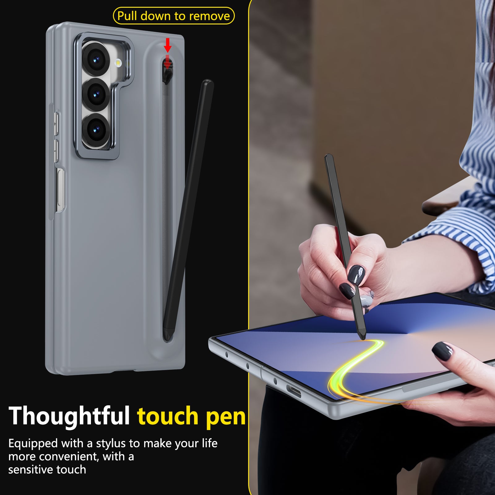 Samsung Z Fold Series Camera Metal Bracket Stand Case with Universal Stylus Pen