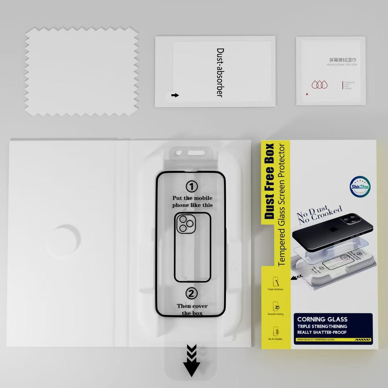 Packaging of a tempered glass screen protector with installation guide and cleaning cloth on a gray background