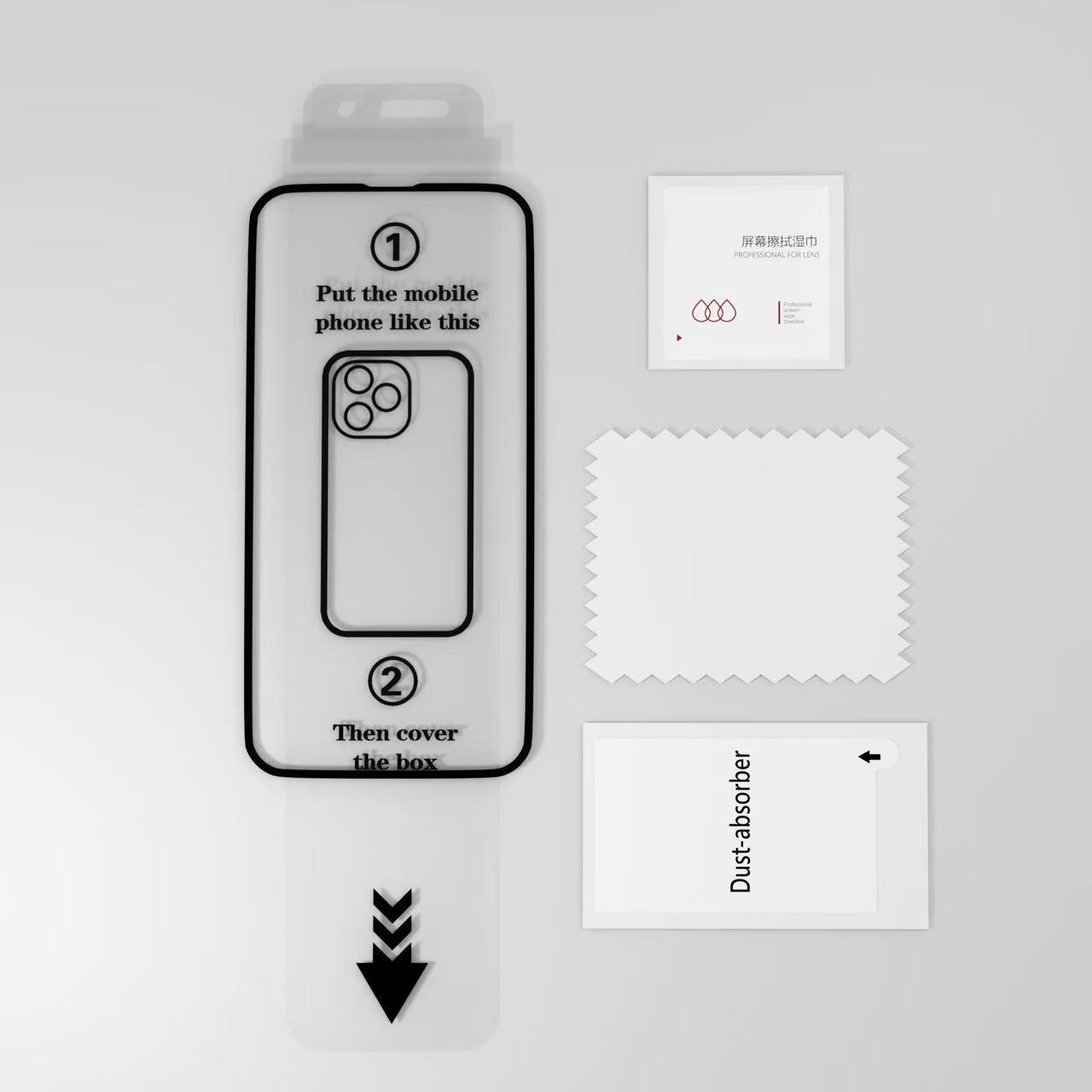 Packaging for a phone screen protector with instructions and accessories on a gray background