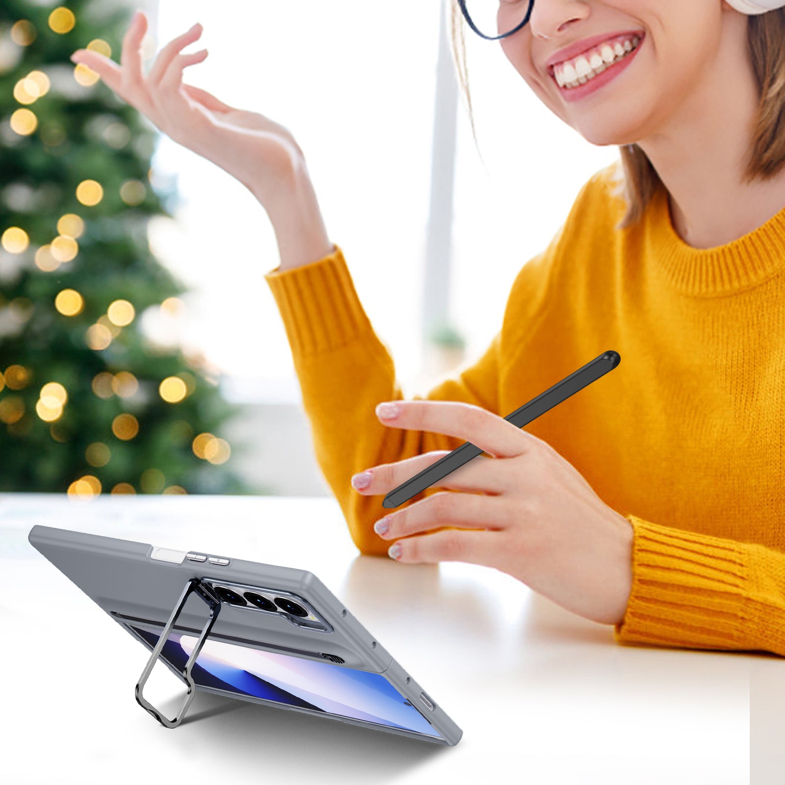 Samsung Z Fold Series Camera Metal Bracket Stand Case with Universal Stylus Pen