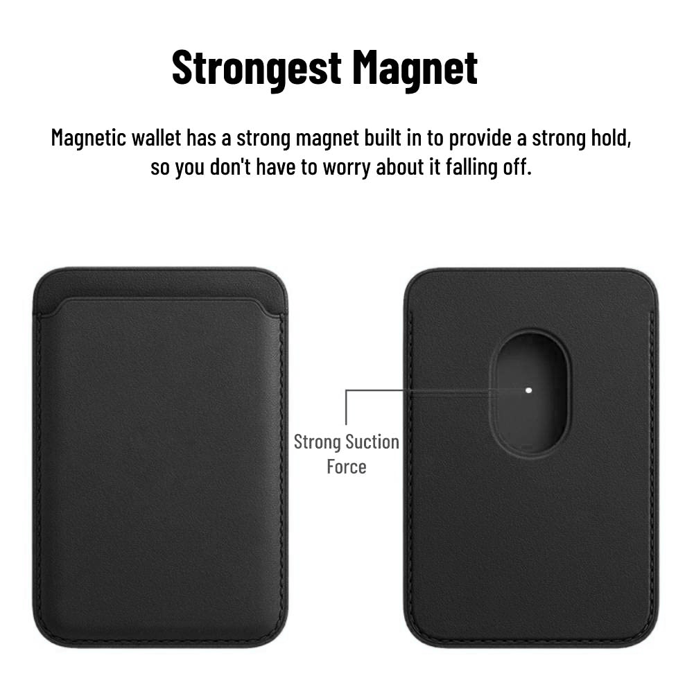 Black magnetic wallet with text highlighting its strong magnet feature on a white background