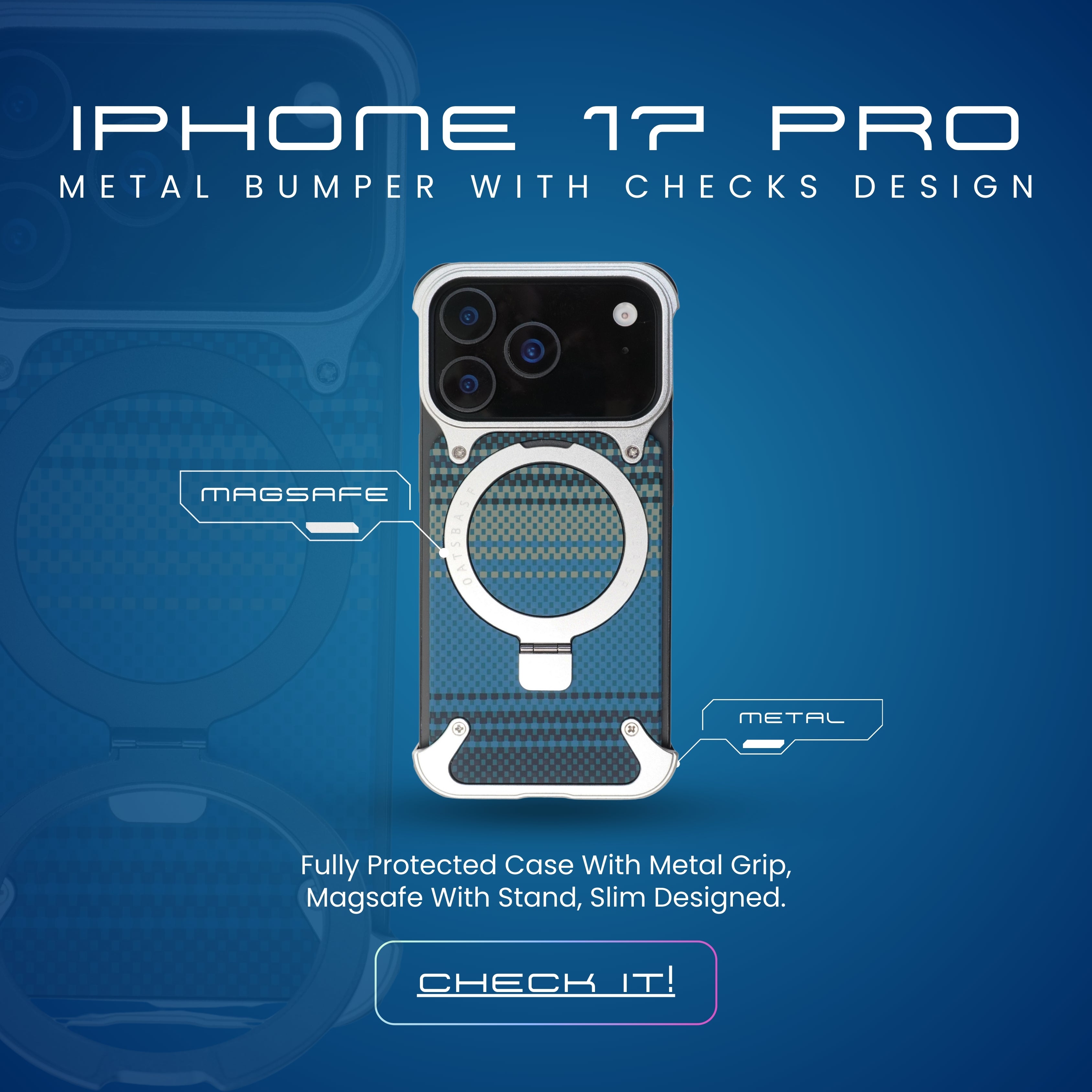 iPhone Lining Pattern Design Frameless Metal Case with Kickstand and Magsafe