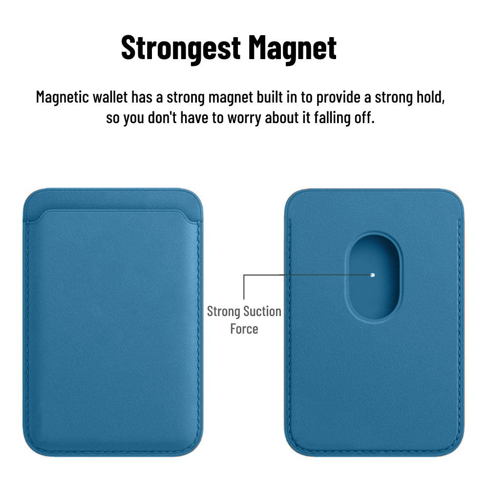 Blue magnetic wallet with a strong magnet feature highlighted on a white background