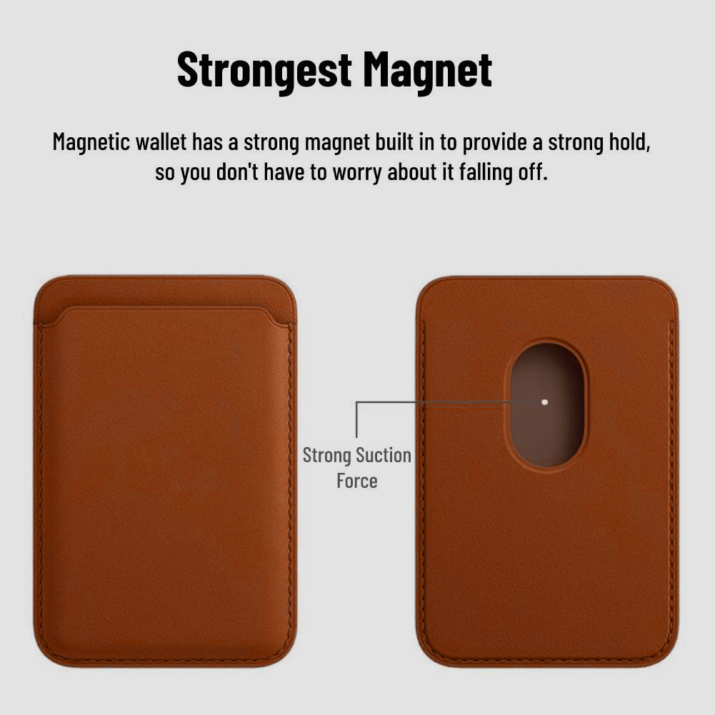 Brown magnetic wallet with text highlighting its strong magnet feature on a light gray background
