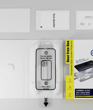 Packaging of a tempered glass screen protector with installation guide and cleaning cloth on a gray background