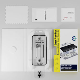 Packaging of a tempered glass screen protector with installation guide and cleaning cloth on a gray background