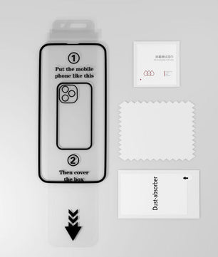 Packaging for a phone screen protector with instructions and accessories on a gray background