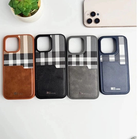 iPhone Leather Checks Design Card Holder Case