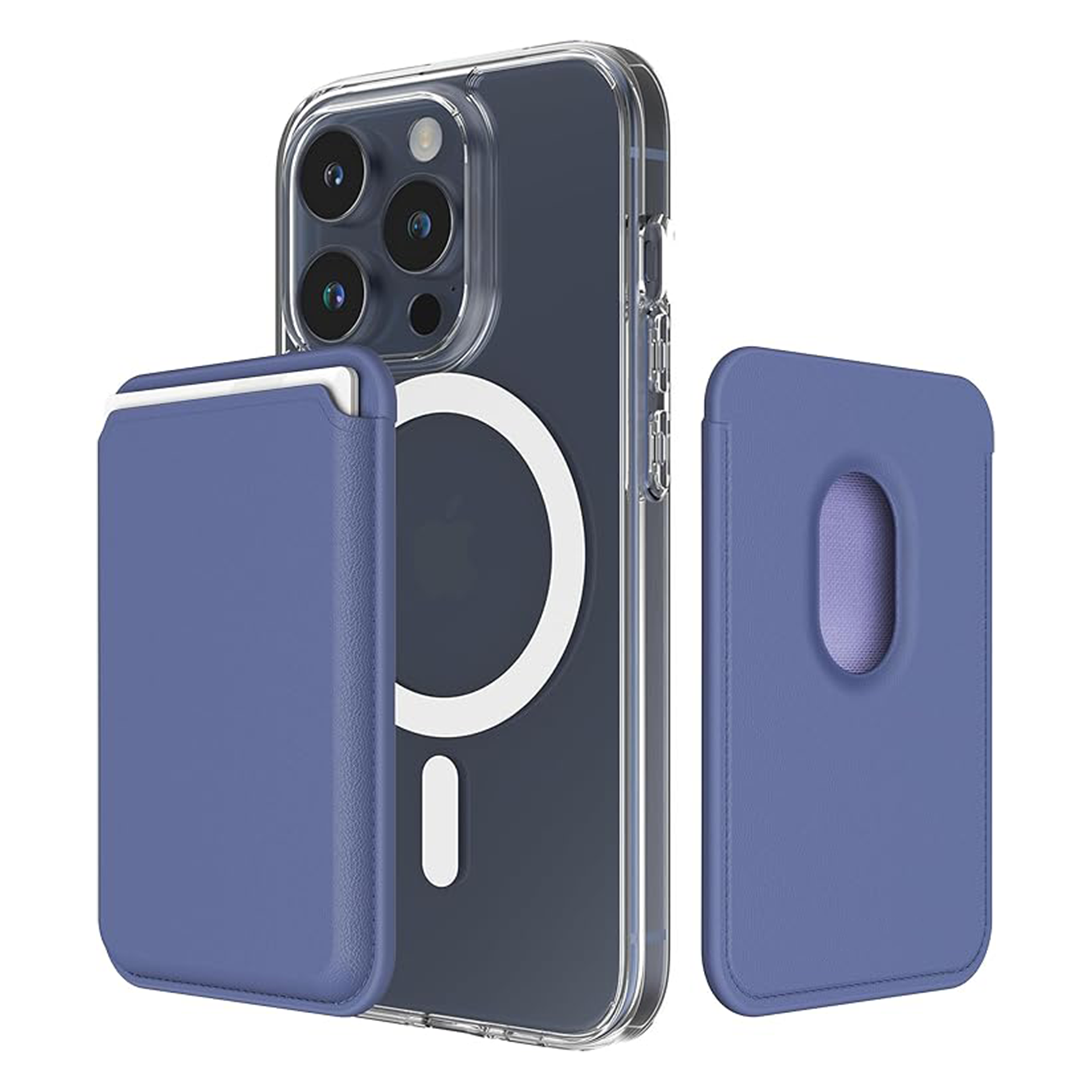 iPhone case with light blue magsafe wallet on the back