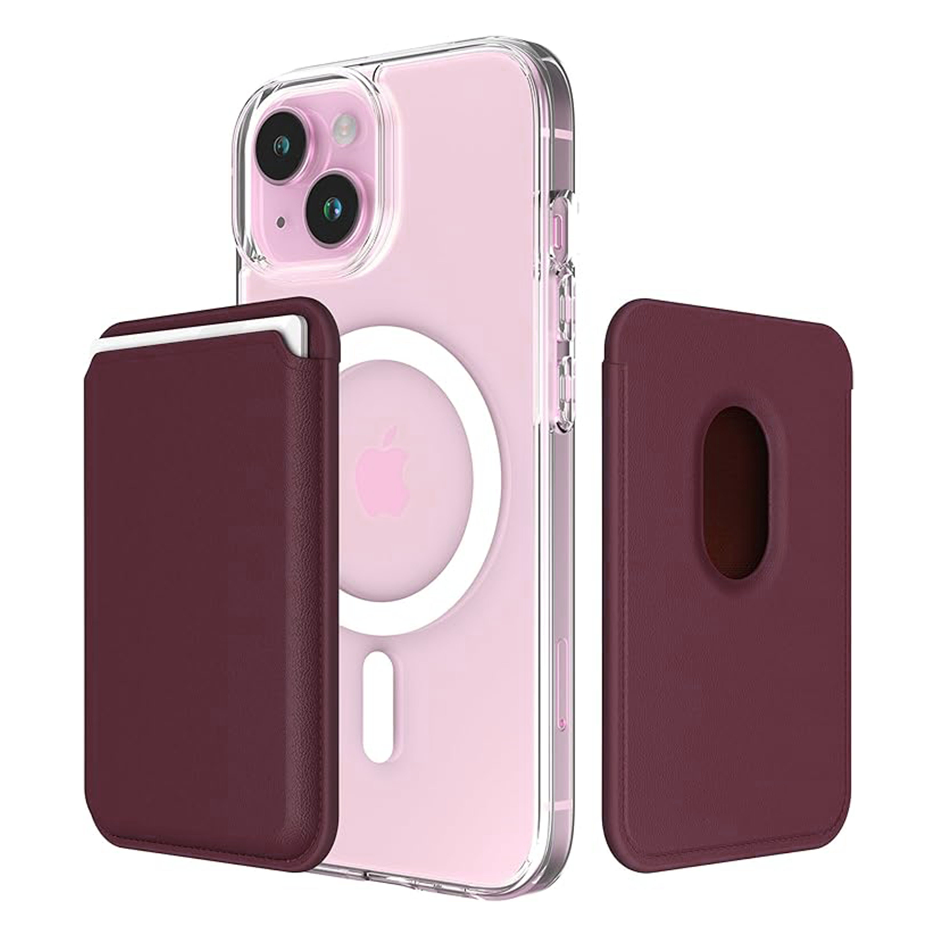 iPhone case with maroon magsafe wallet on the back