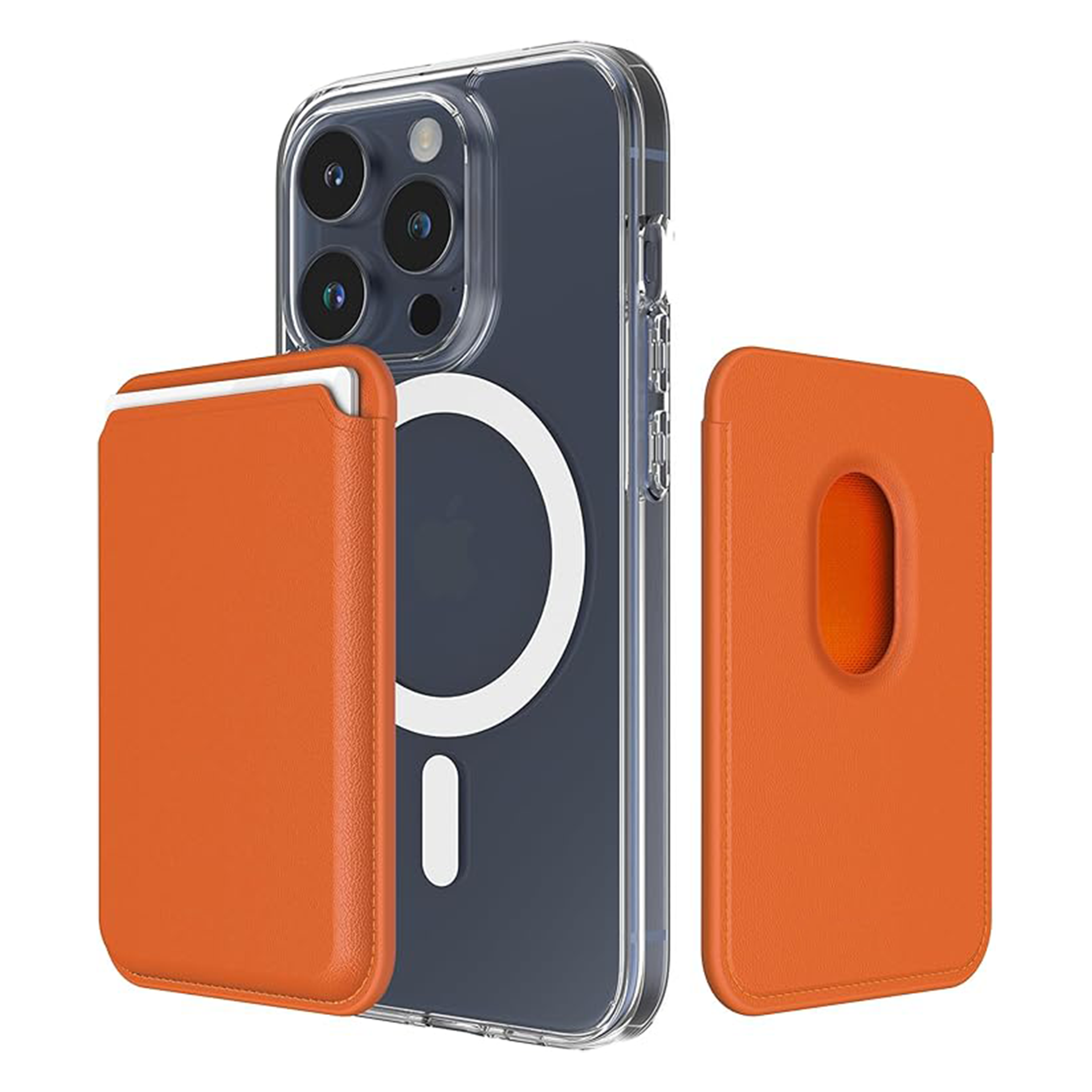 iPhone case with orange magsafe wallet on the back