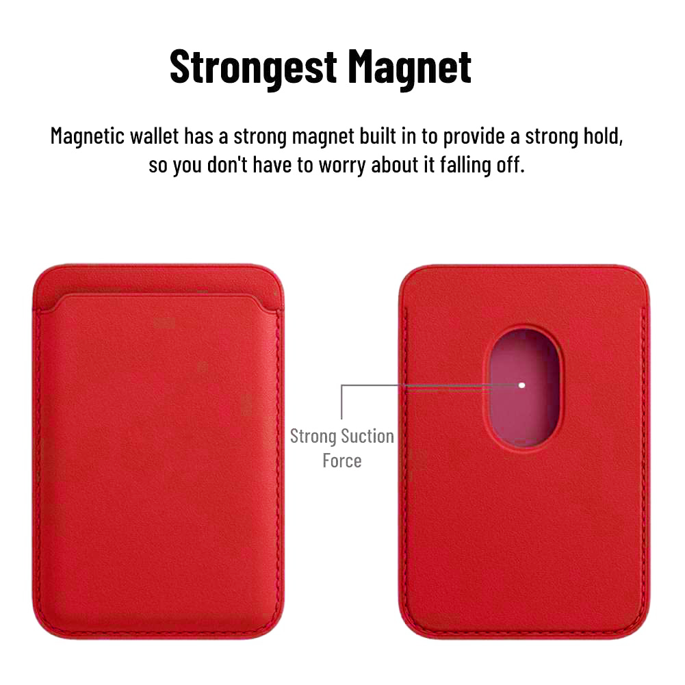 Red magnetic wallet with text highlighting its strong magnet feature on a white background
