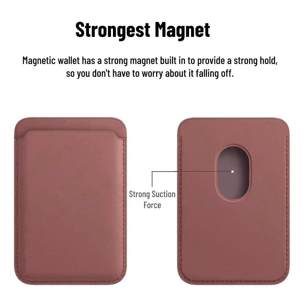 Brown magnetic wallet with text highlighting its strong magnet feature on a white background