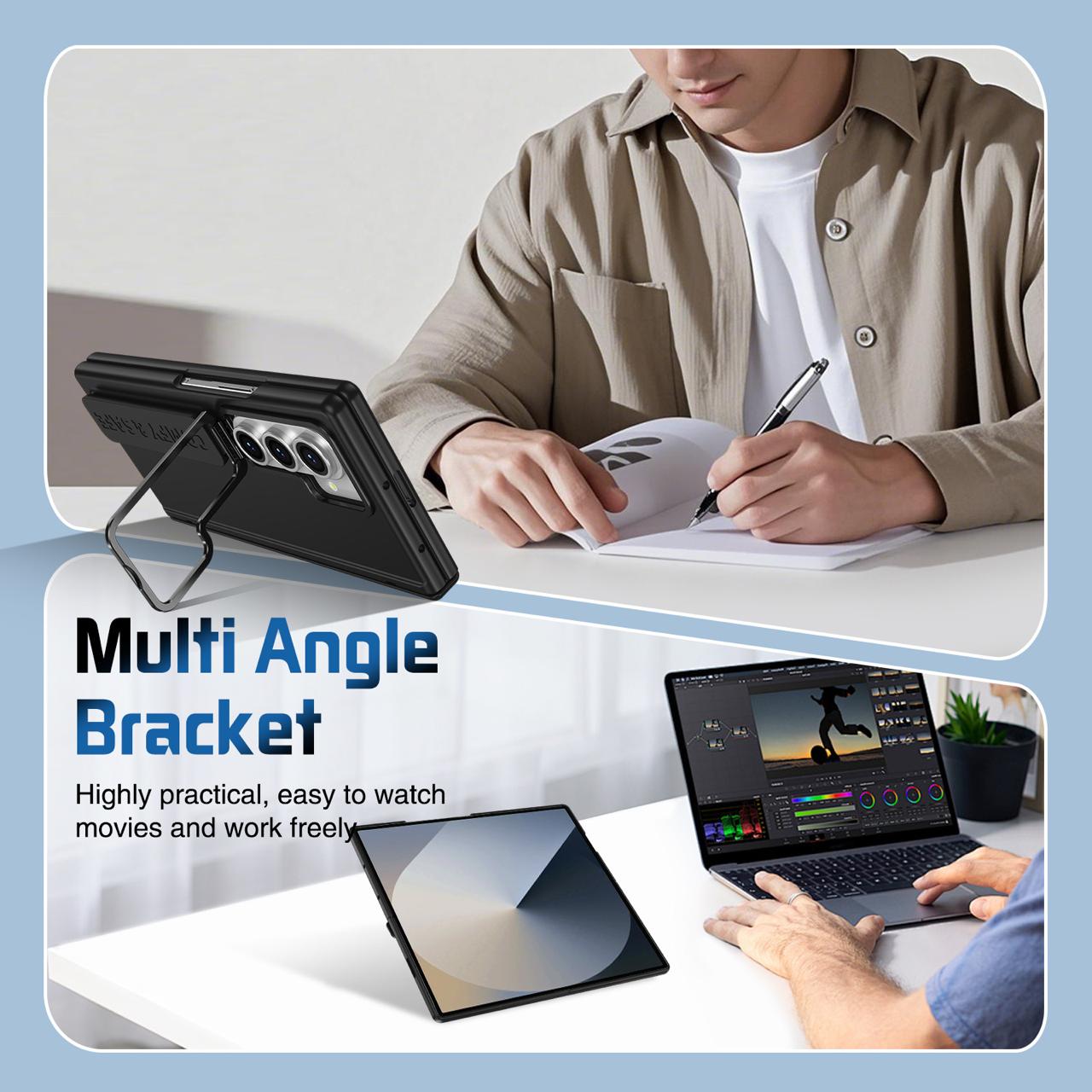 Samsung Z Fold Series Camera Metal Bracket Stand Case with Hand Strip and Hinge Protection