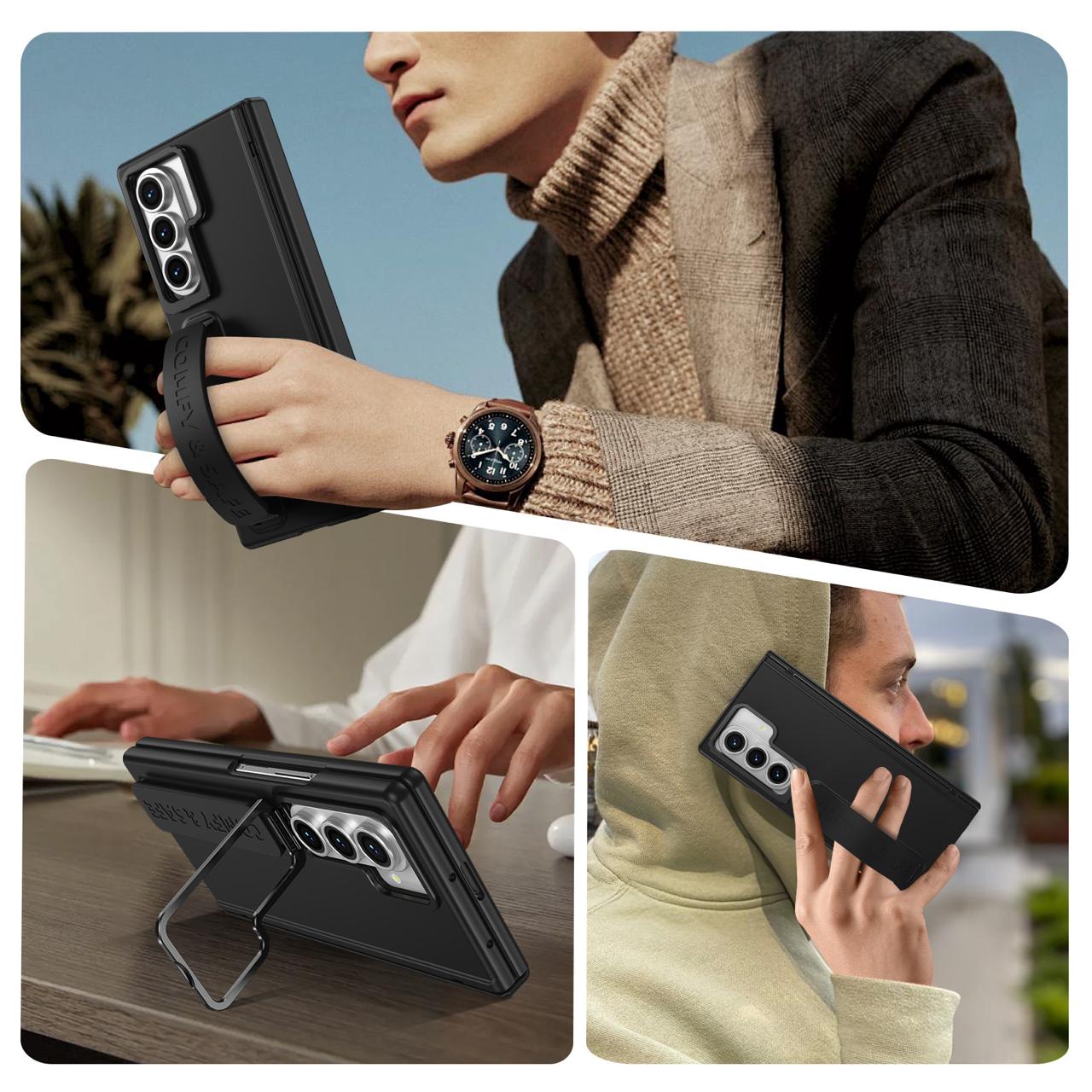 Samsung Z Fold Series Camera Metal Bracket Stand Case with Hand Strip and Hinge Protection