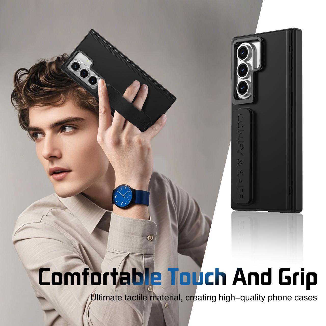 Samsung Z Fold Series Camera Metal Bracket Stand Case with Hand Strip and Hinge Protection