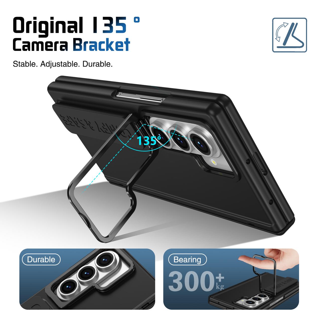 Samsung Z Fold Series Camera Metal Bracket Stand Case with Hand Strip and Hinge Protection