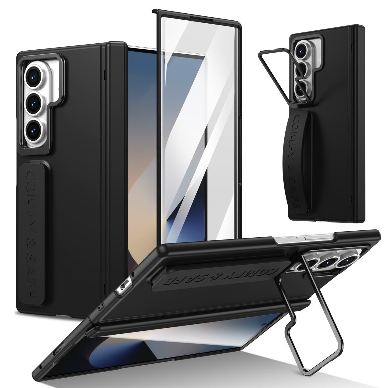 Samsung Z Fold Series Camera Metal Bracket Stand Case with Hand Strip and Hinge Protection