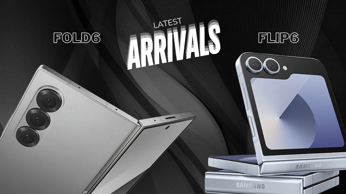 Two Samsung foldable phones with 'Latest Arrivals' text on a dark background