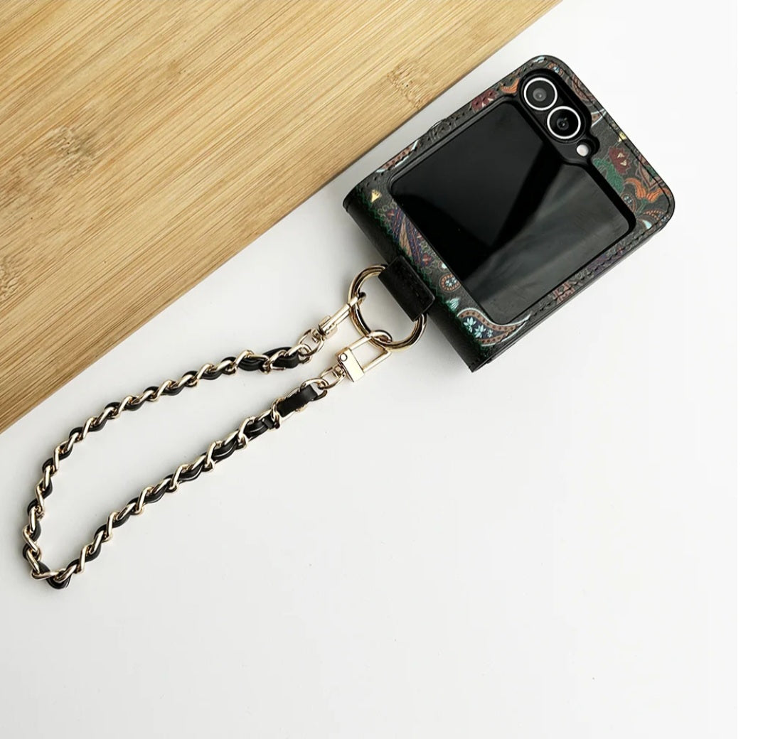 samsung-galaxy-z-flip-floral-printed-leather-case-black-front