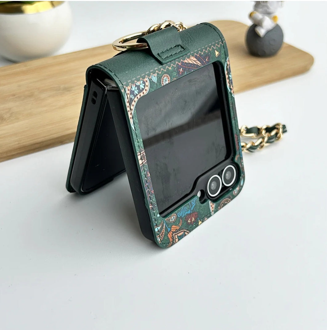 samsung-galaxy-z-flip-floral-printed-leather-case-green-folded