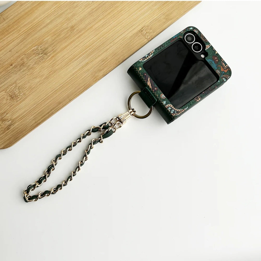 samsung-galaxy-z-flip-floral-printed-leather-case-green-front
