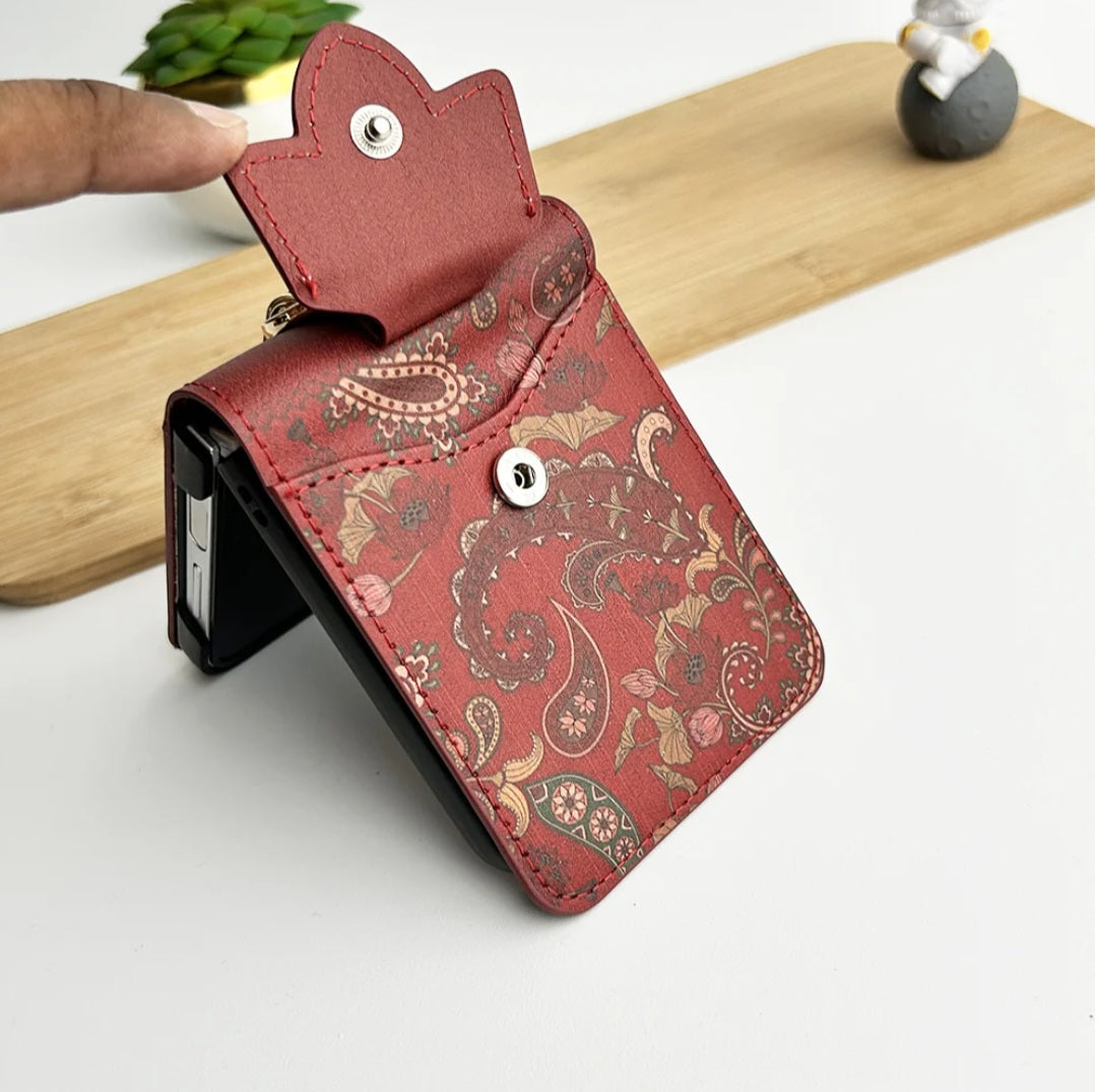 samsung-galaxy-z-flip-floral-printed-leather-case-red-holder