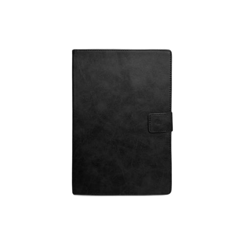 Black folio case, closed, with a magnetic tab closure on the right.
