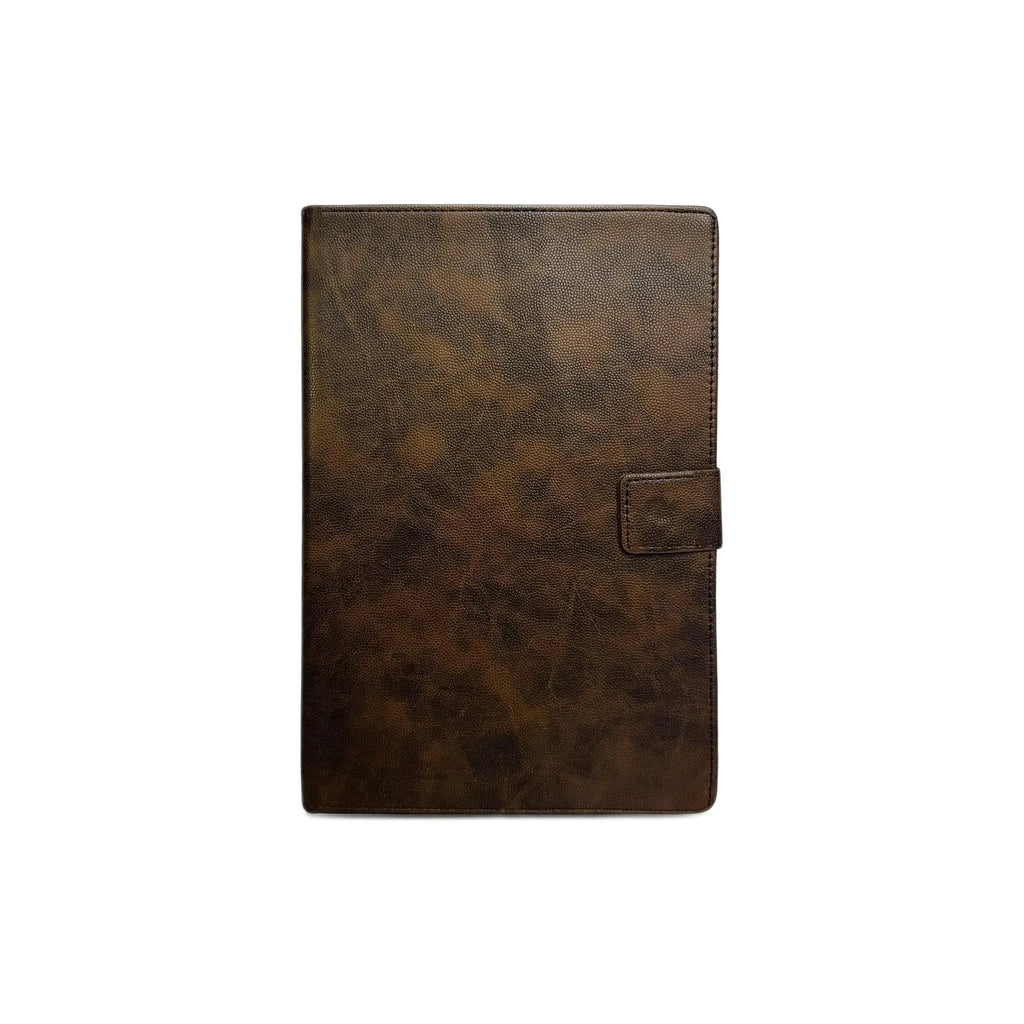 Dark brown folio case with a magnetic closure.