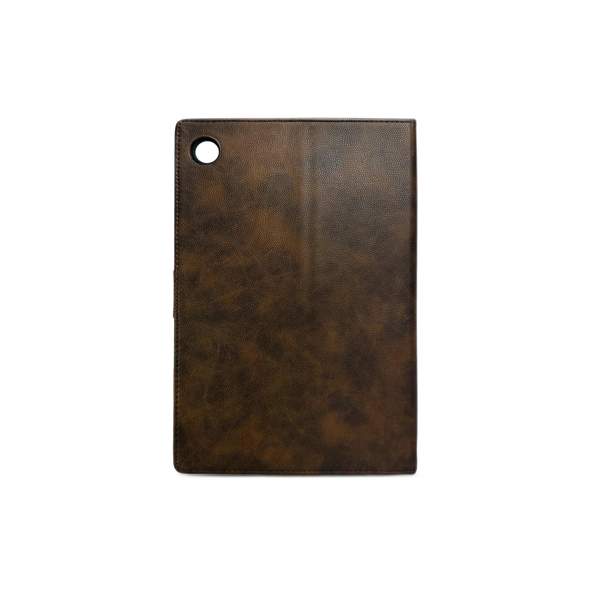 Dark brown leather case for a tablet device. The case has a small hole in the upper left corner.