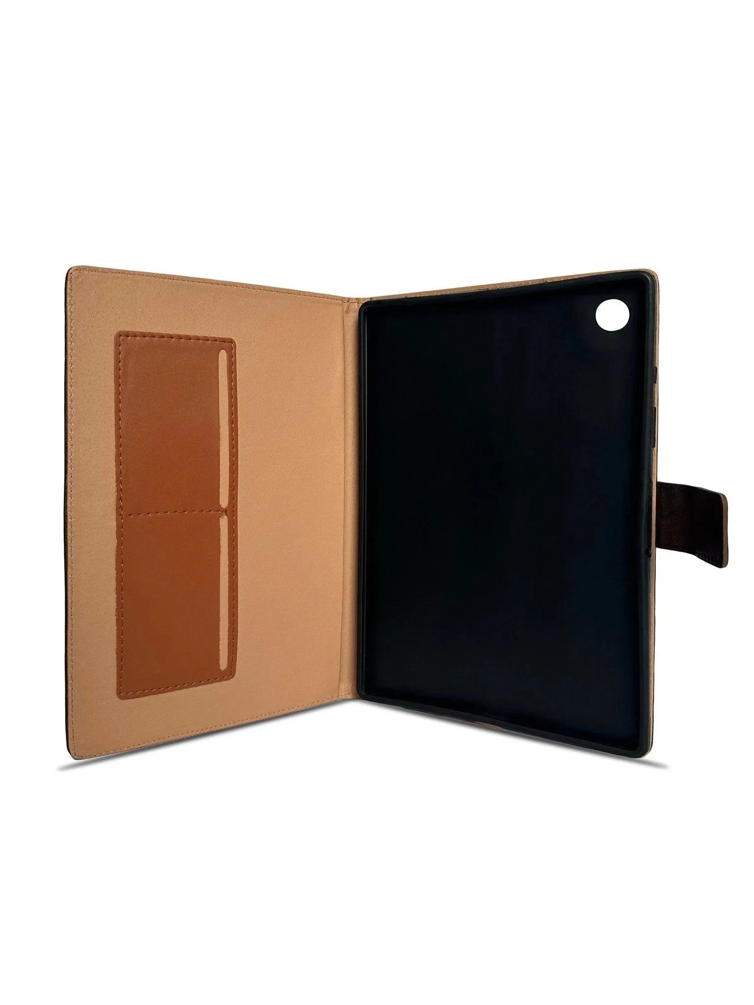 Opened tablet folio case, revealing beige interior with brown card slots. The tablet is black, held by a brown closure strap.