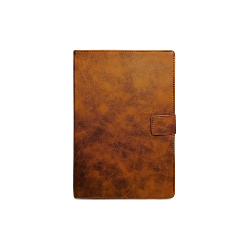 A tan leather case with a clasp, isolated on a white background.