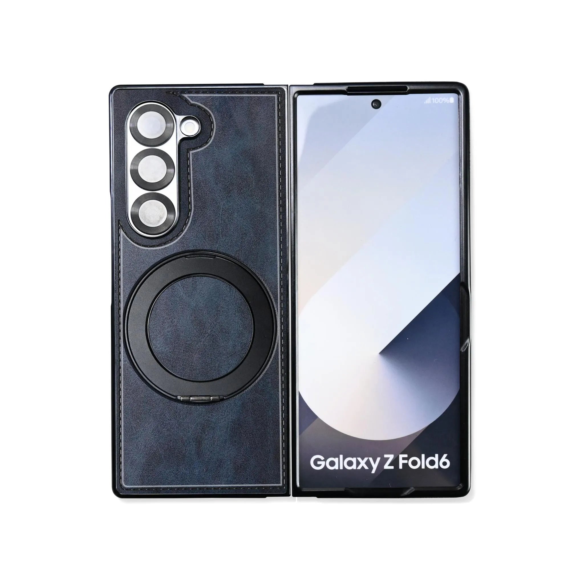 Samsung Galaxy Z Fold 6 in unfolded position with a blue faux leather case.