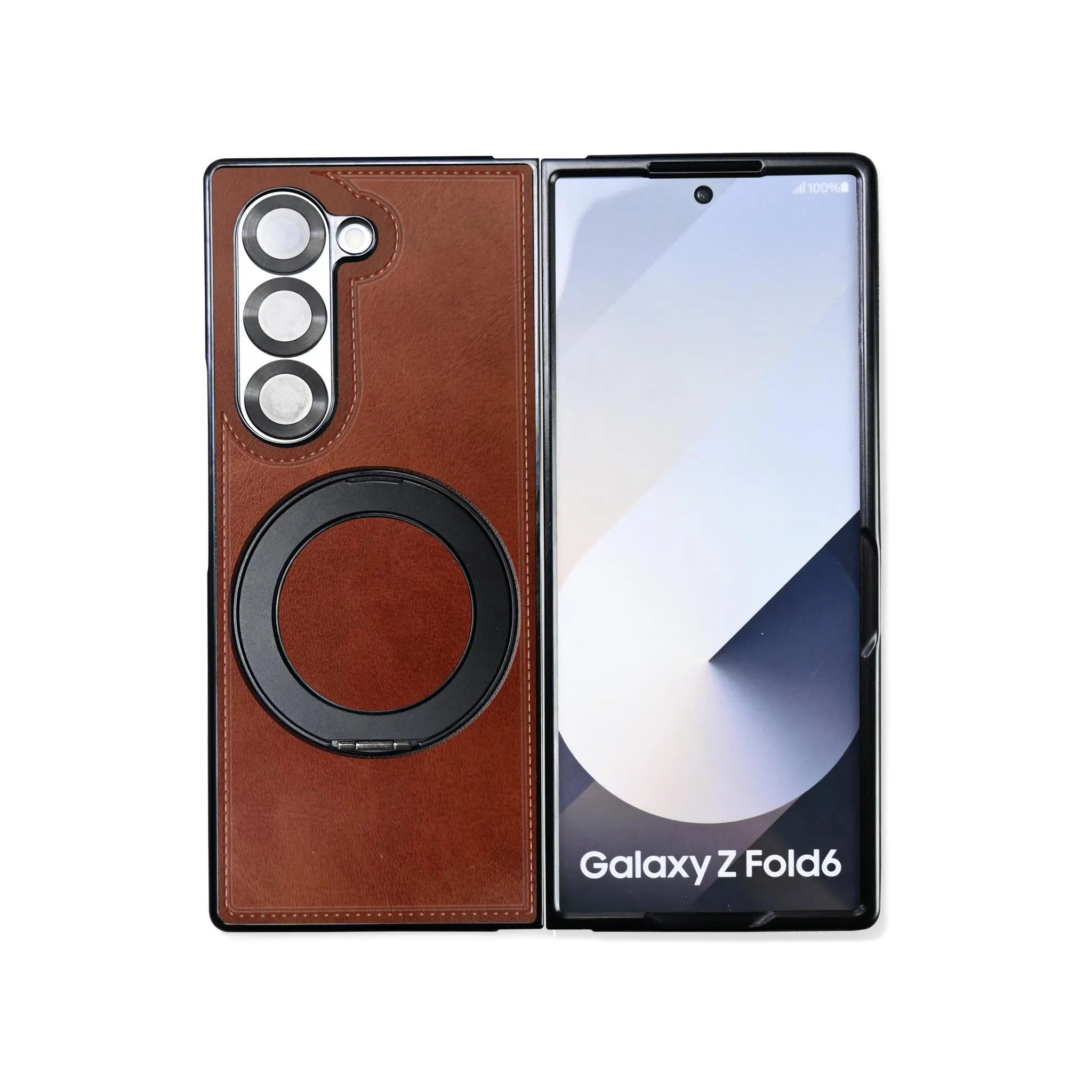 Samsung Galaxy Z Fold 6 with a brown leather case and a black magnetic ring.
