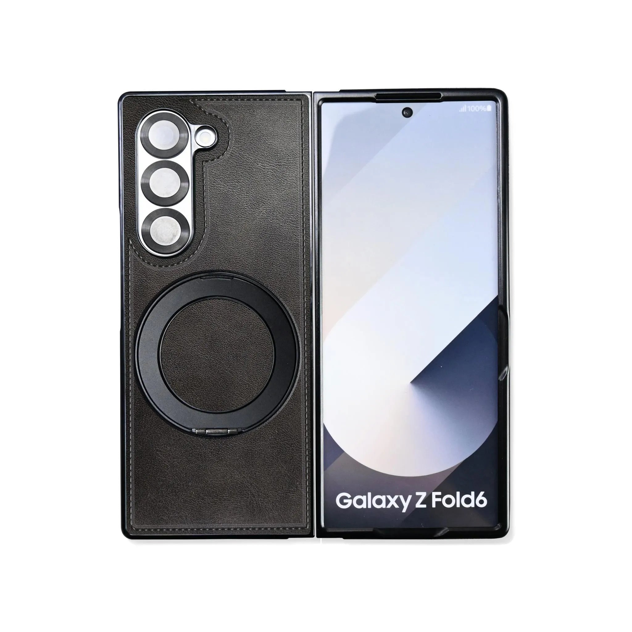 Folded gray Samsung Z Fold 6 with leather textured case and MagSafe ring.