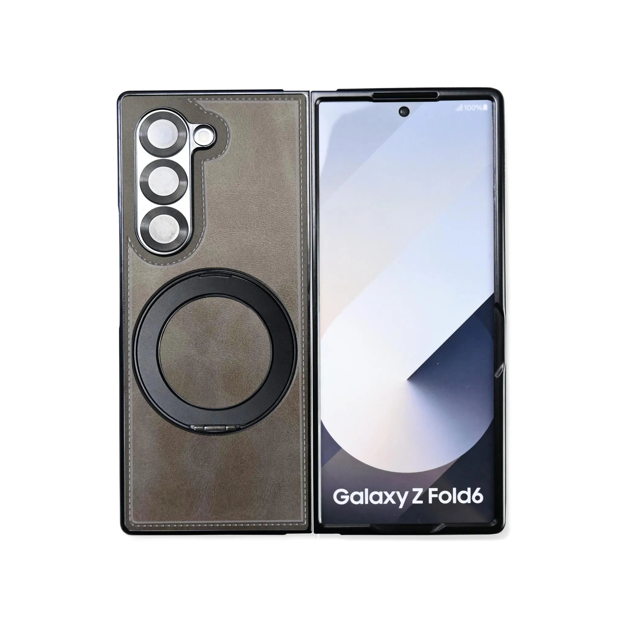 Samsung Z Fold 6 open, with case on the left half with a ring holder. The case is a brown leather-look and has a silver camera lens protector.