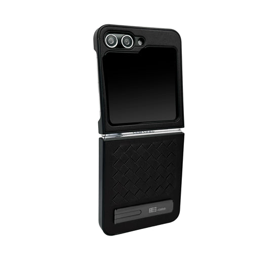 samsung-zflip-alloy-bracket-woven-leather-case-black-back-full