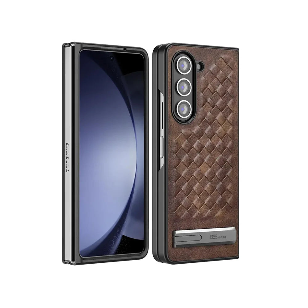 samsung-zfold-alloy-bracket-woven-leather-case-brown-front-back-73a76534-0d28-4860-832b-41f86ed72d66