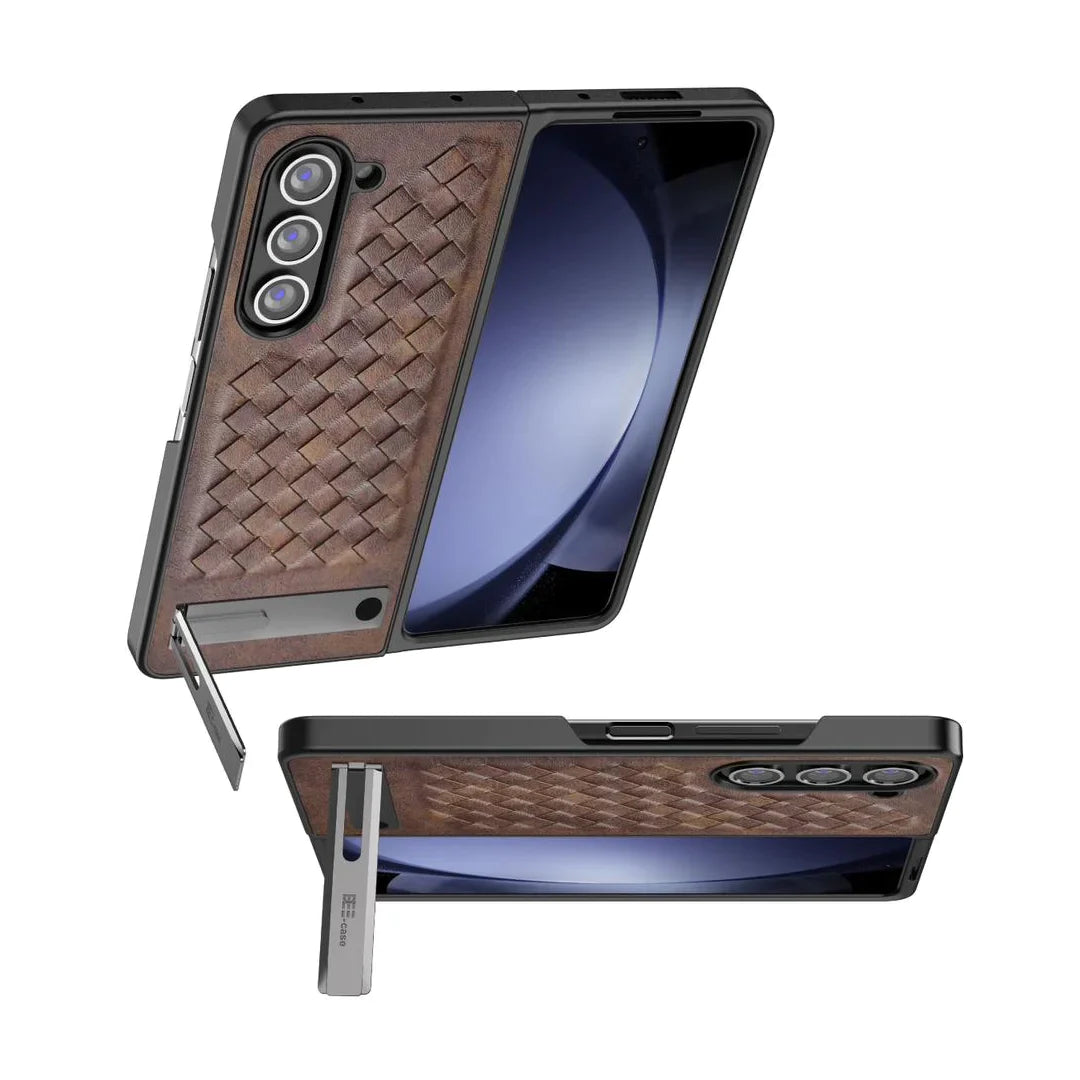 samsung-zfold-alloy-bracket-woven-leather-case-brown-holder-support